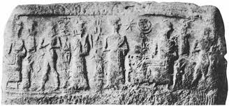 28 - ancient faded artifact of a young semi-divine, goddess Ninsun, possibly her son-king, & Nannar seated upon his throne in Ur; scene from ancient Ur when the gods walked, talked, & had sex with the male & female semi-divines