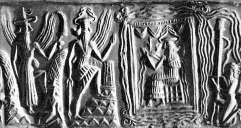 29 - Utu & Ninurta climb Enki's ziggurat temple residencein Eridu to visit him seated upon his throne; high steps for giants