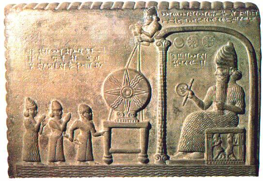 2a - giant god Utu / Shamash on the Throne of Sippar; Babylonian King Nabu-aplu-iddina being led by the priest Nabu-nadin-shum and the goddess Aa / Aya, Utu's spouse