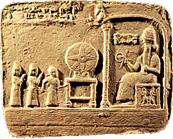 2b - Utu & the Wheel of Justice; artifact of Babylonian King Nabu-aplu-iddina being led by the priest Nabu-nadin-shum and the goddess Aa / Aya, Utu's spouse