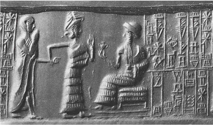 2b - excellent artifact of an important scene not to be forgotten of semi-divine spouse to Goddess of Love Inanna, Inanna grasping him by the wrist, & her father Nannar, god of the Moon crescent then & now