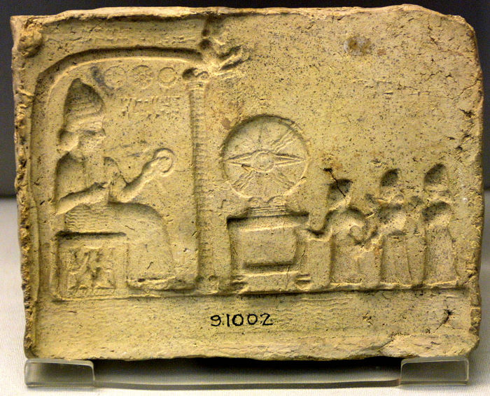 2ba - mold artifact of ancient historical scene in Sippar of gods & semi-divines; Utu, Babylonian King Nabu-aplu-iddina being led by the priest Nabu-nadin-shum and the goddess Aa / Aya