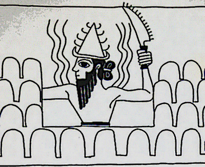 2c - Utu - Shamash the Sun God, cutting launch & landing pads into the mountaintops, away from earthlings; his Sun rays come over the mountains