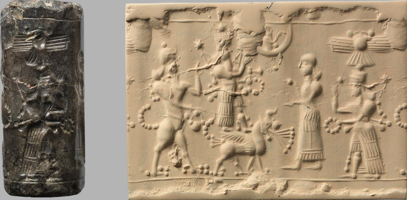 2cc - full artifact with bull-god, Ninurta riding winged storm beast, mother Ninhursag cautioning, & fighting Inanna, Nannar above inside his Moon sky-disc / flying saucer