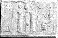 2e - faded ancient artifact with scene of semi-divine mixed-breed king, Inanna leading him, & Nannar, patron god of Ur; these artifact scenes tell a particular story that was meant to be preserved