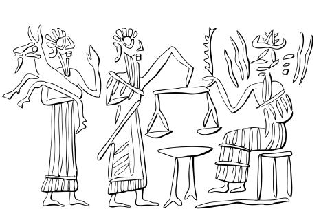 2f - semi-divine brings dinner to Utu's delight, Utu with the scales of justice, god of Laws & Justice;  the gods ate beef, but lamb was their favorite