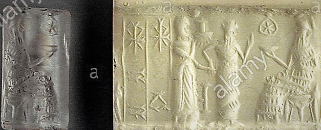 2f - giant semi-divine king, Inanna, & her father Nannar; Inanna espoused semi-divines after the death of her Anunnaki husband Dumuzi; she married one after another for thousands of years