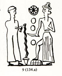 2i - mixed-breed king standing before Utu; triad symbol of Utu's Sun, Nannar's Moon crescent, & Inanna's 8-pointed star symbols above