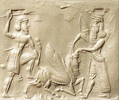 2j - 2/3rds divine son to goddess Ninsun Gilgamesh, & Utu with wings of a pilot slay the Bull of Heaven; See Gilgamesh Texts on Uruk Page