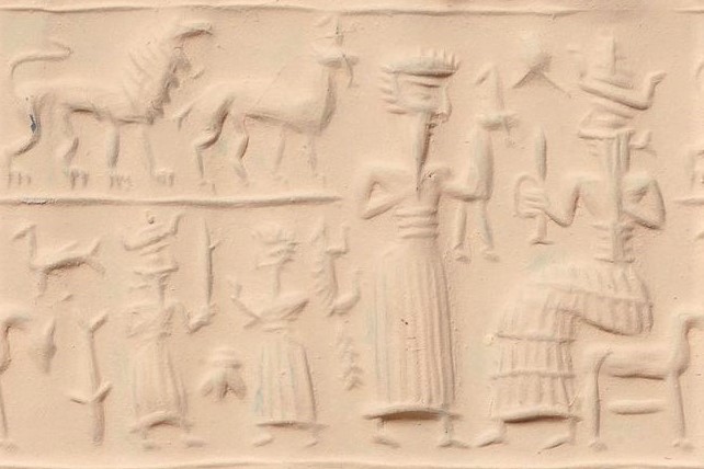 2l - left - Utu with his rock saw & a semi-divine king; right - giant semi-divine king brings dinner offering to Utu; the gods love lamb