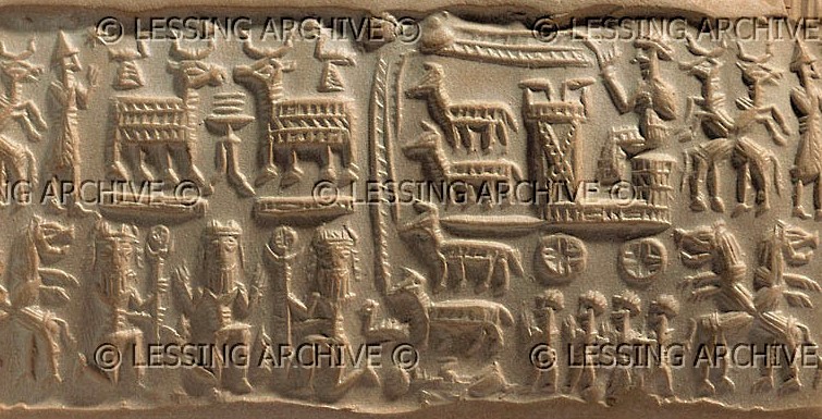 2q - Nannar with his bulls, cows & sheep in Ur, in the middle is Jacob's Ladder to Heaven & the gods above