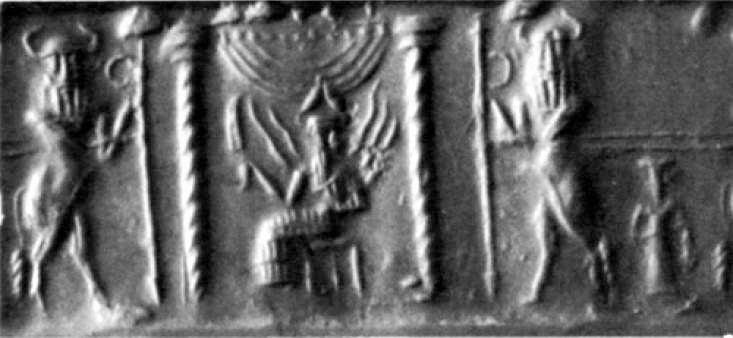 2u - Utu - Shamash on his throne in Sippur, Sun rays coming off the Sun god, Commander of the launch sites with rock saw in hand