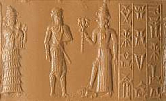 3 - goddess mother Ninsun, her semi-divine son & king Gilgamesh, & Nergal with fott upon smaller earthling, the Lord of the Under World