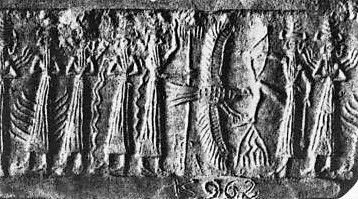 30 - Haia, Ningishzidda, Enki, Enlil, Anzu & Ninurta battle, & Utu the Sun god with Sun rays off his shoulders; an important scene from ancient Mesopotamia