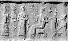35 - Ninsun, unidentified semi-divine king, Nannar seared, & unidentified battles bull; Ninsun had many semi-divine sons & daughters that were appointed to positions of power with authority over the non-divine