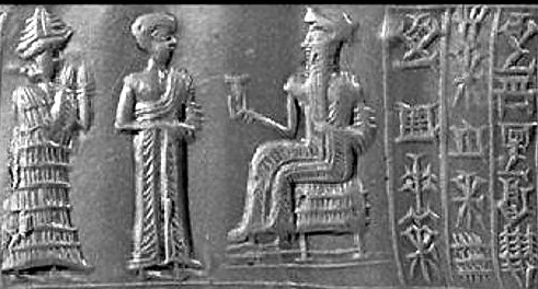 36 - Ninsun, unidentified mixed-breed descendant high-priest & king, with Nannar the patron god of Ur; the kings came before the gods when summoned to get their instructions from the gods directly, & then the kings passed information on to the people