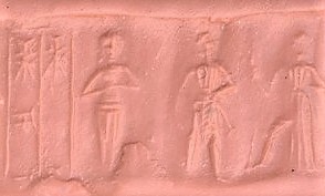 3b - faded artifact of naked Inanna, her spouse semi-divine king, & her brother Utu with alien weapon