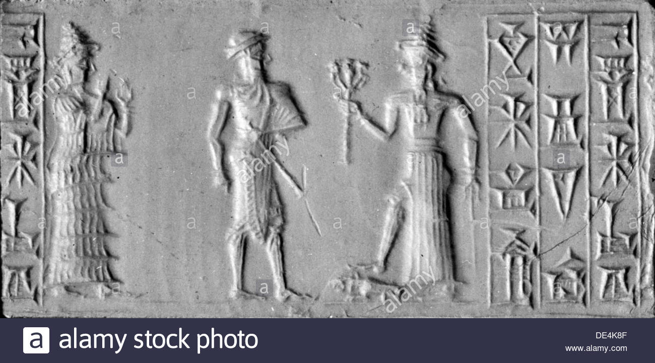 4 - Ninsun, her son-king Gilgamesh, & Nergal with foot upon smaller earthling; Babylonian seal
