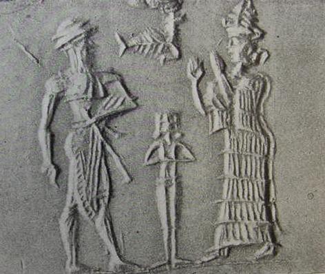 4 - Uruk 2/3rds divine King Gilgamesh, nude goddess spouse Inanna, & his goddess mother Ninsun, King Gilgamesh is son to semi-divine Lugalbanda & goddess Ninsun, pictured here in praise of her son