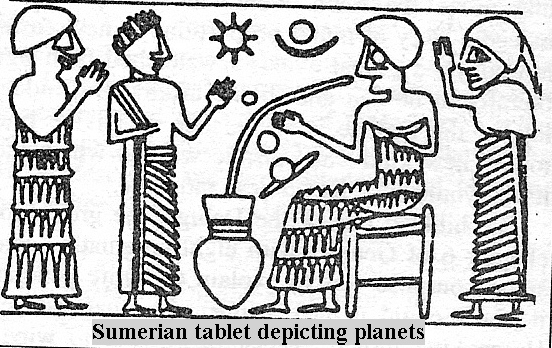 42 - Nannar's Moon crescent, Utu's Sun disc, & Inanna's 7-pointed star of Venus symbols; all planets were known to Sumerian gods