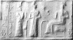 45 - Ninsun, unidentified semi-divine descendant wanting to be Nannar's king, & Nannar seated upon his throne in Ur, the commercial capitol of Mesopotamia, also was the place of Nannar's cattle pens & many flocks, feeding meat to all of Mesopotamia