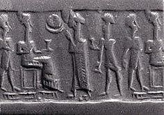 47 - faded triad of symbols, Nannar's Moon crescent, Utu's Sun disc, & Inanna's 8-pointed star symbols all in one; Nannar seated & unidentifides