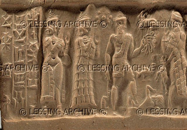 4b - naked Goddess of Love Inanna, goddess Ninsun, giant god Utu punishing disloyal earthling, & semi-divine king; the kings received their directions from the gods in early days of the semi-divines