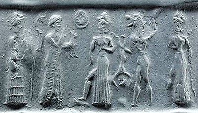 4b - Ninsun, Nannar with dinner offering, Utu, Lamashtu beast killing earthling, & Ninurta; ancient scene in our long forgotten history when giant alien gods walked & talked with men