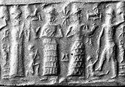 4j - Ninsun, small semi-divine high-priest, her son in background, Ningal, Nannar, & Utu with foot upon earthling; disloyal kings were punished by the gods, obey or be punished!