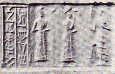 4l - Ningal, a semi-divine king, & Utu with foot upon mountains; semi-divine kings were the go-betweens gods & earthlings