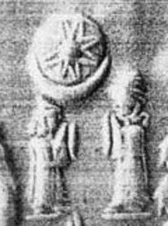52 - holy triad of symbols, Inanna's 8-pointed star, twin brother Utu's Sun disc, & Nannar's Moon crescent symbols all in one; Inanna & Utu