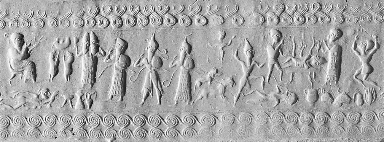 5a - Enlil, man in the Moon, 2-faced Isimud, Ninurta on ziggurat temple, Adad atop ziggurat temple, Nannar with Moon crescent, & naked Inanna hovering in the air; Utu atop disloyal earthling, & medical help rendered with x-rays, technologies not understood by early earthlings