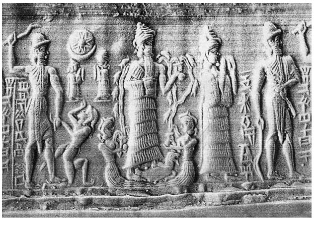 5b - triad symbol of father Nannar's Moon crescent, daughter Inanna's 8-pointed star, & son Utu's Sun disc symbols; giant two-thirds divine son-king smites earthling, Enki atop daughters Ninsikila & Nanshe, Ninsun, & her two-thirds divine son-king