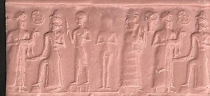 5h - semi-divine king, Utu, semi-divine high-priest atop ziggurat temple residence of the gods, naked Inanna as the king's spouse, & Ninsun who gave her support to the gods semi-divine offspring