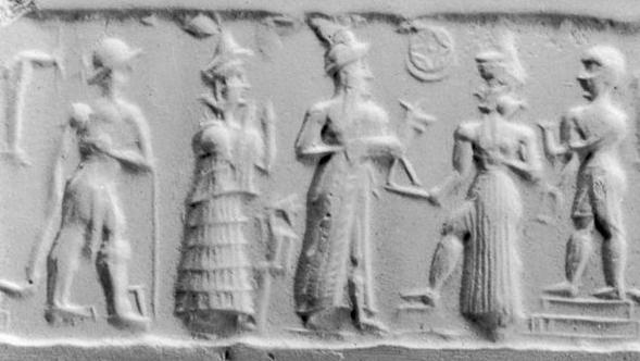 5i - unidentified semi-divine king, goddess Ninsun, Nannar, Utu, & semi-divine high-priest atop ziggurat temple residence of the gods; so many artifacts bare truth to the myth of giants mistaken for gods walking & working upon the Earth