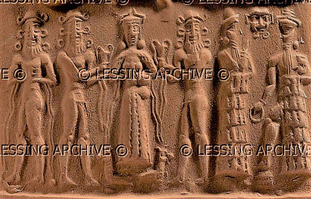 6 - Ninsun & 3 of her mixed-breed giant son-kings, spouse Lugalbanda, & Utu; Ninsun petitions the gods for their support for her semi-divine offspring; semi-divine giants later appointed to kingships