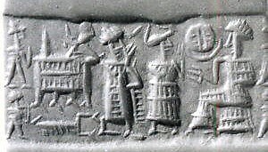 63 - faded triad symbol of Nanna's family, Nannar's Moon crescent, Utu's Sun disc, & Inanna's 8-pointed star symbols all in one; a baby in a crib, mixed-breed king, Ninsun, & Nannar