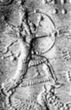67 - Ninurta, warroir son to Enlil, in flight persuit of Anzu, riging his fire-spitting winged beast, or storm beast symbol for his sky-disc