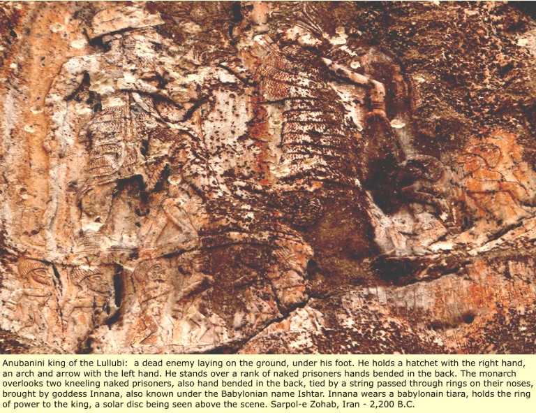 6a - Utu & Inanna with captured disloyal earthlings under foot & by nose ring; the gods gave directions to the king who either followed orders or answered to the gods as seen above