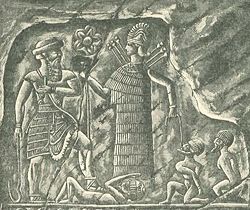 6b - Inanna & twin brother Utu with earthlings under foot, & by nose ring; earthling paying for his disloyalty to the gods