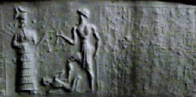 6e - Inanna. Utu with alien high-tech 50-headed mace, & disloyal earthling under his foot; a time long forgotten when the gods walked with man