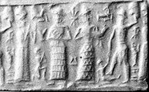 6h - Ninsun, earthling in background, Ningal, Nannar with dinner offering from his flocks & herds in Ur, & Utu with foot upon disloyal earthling; a time long forgotten when the gods walked with mankind