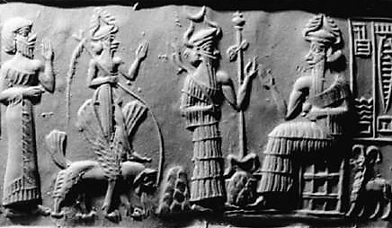 8 - beautiful artifact of a semi-divine mixed-breed earthling, Ninurta on his fire-spitting winged beast, brother Nannar with the Moon crescent, & their father Enlil, the Earth Colony Commander; seemingly an important scene to be kept for all time from ancient Mesopotamia