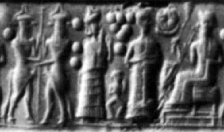 98 - faded artifact with Nannar triad family symbols, Nannar's Moon crescent, Utu's Sun disc, & Inanna's 8-pointed star symbols all in one; Enkidu scene, Ninsun, her semi-divine son-king, & Nannar