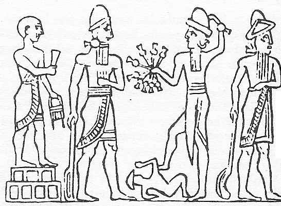 11 - mixed-breed high-priest upon Nannar's residence temple ziggurat in Ur, Nannar, Utu with alien 50-headed mace over disloyal earthling, & Ninurta