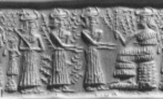 12 - Ninlil in background, her spouse Enlil, Haia the barley god & Ninlil's father, unidentified, & Nisaba, Ninlil's mother with grain