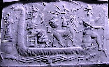 14 - Ninlil with grain standing on shore, her spouse Enlil steering the boat, & their son Nuska steps ashore from the boat with leash for the beast brought with them