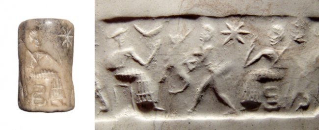 15 - Nannar with unidentified bringing dinner, sheep from Nannar's herds, & Ningal; a time when the gods walked, talked, & ate with mankind