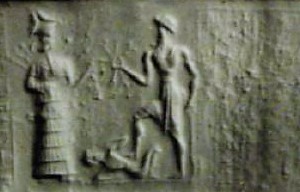 16 - Inanna. Utu with 50-headed mace, & disloyal earthling underfoot