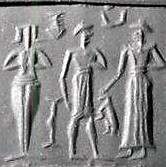1m - naked Inanna, semi-divine mixed-breed king, & Nannar appointing him king of Ur